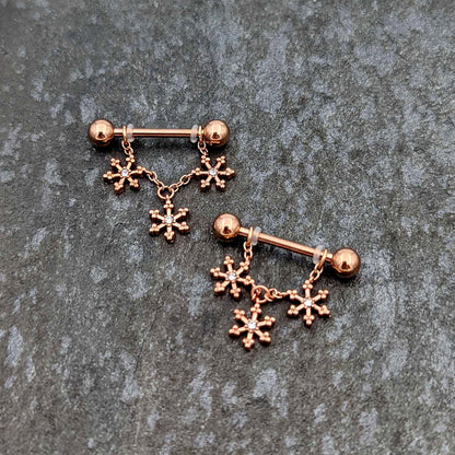 14G 9/16 Clear Gem Rosy Hue Snowflake Chain Dangle Nipple Ring Set