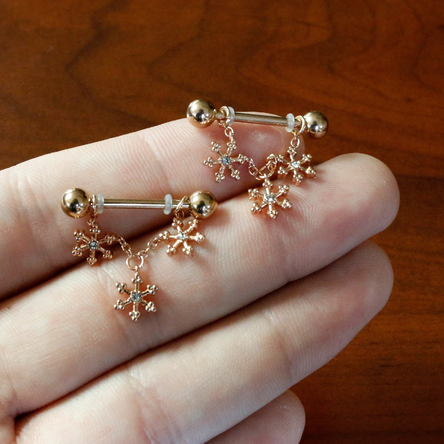14G 9/16 Clear Gem Rosy Hue Snowflake Chain Dangle Nipple Ring Set