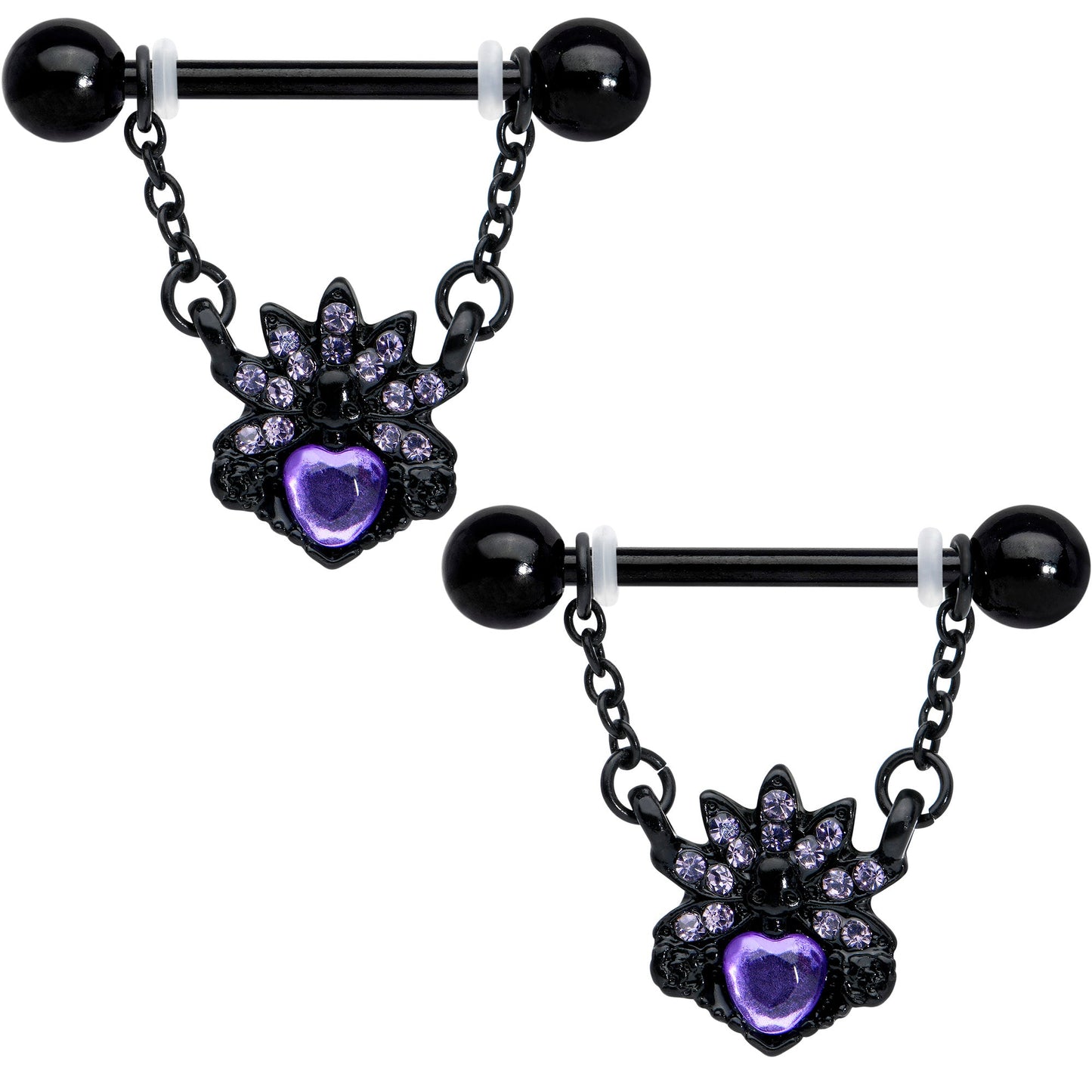 14G 9/16 Purple Gem Black Skull Blossom Dangle Nipple Ring Set