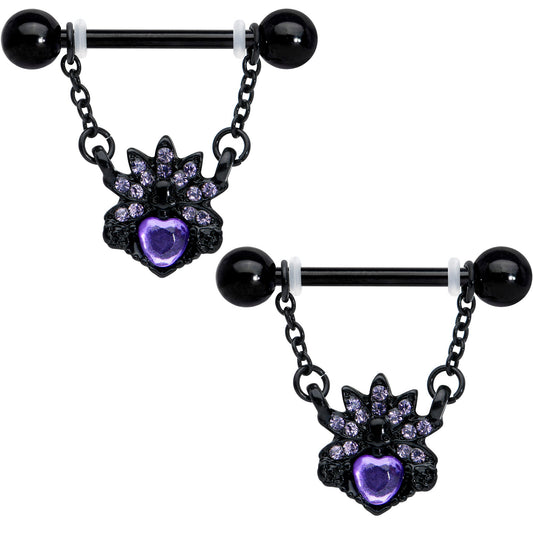 14G 9/16 Purple Gem Black Skull Blossom Dangle Nipple Ring Set