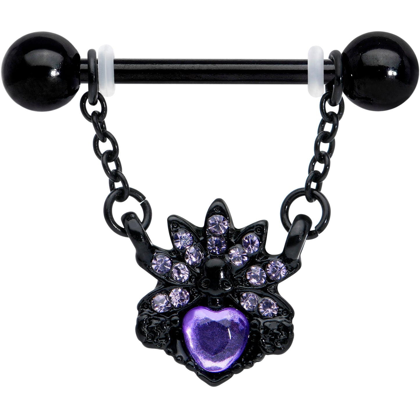 14G 9/16 Purple Gem Black Skull Blossom Dangle Nipple Ring Set