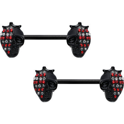 14G 9/16 Red Gem Black Skull Halloween Barbell Nipple Ring Set