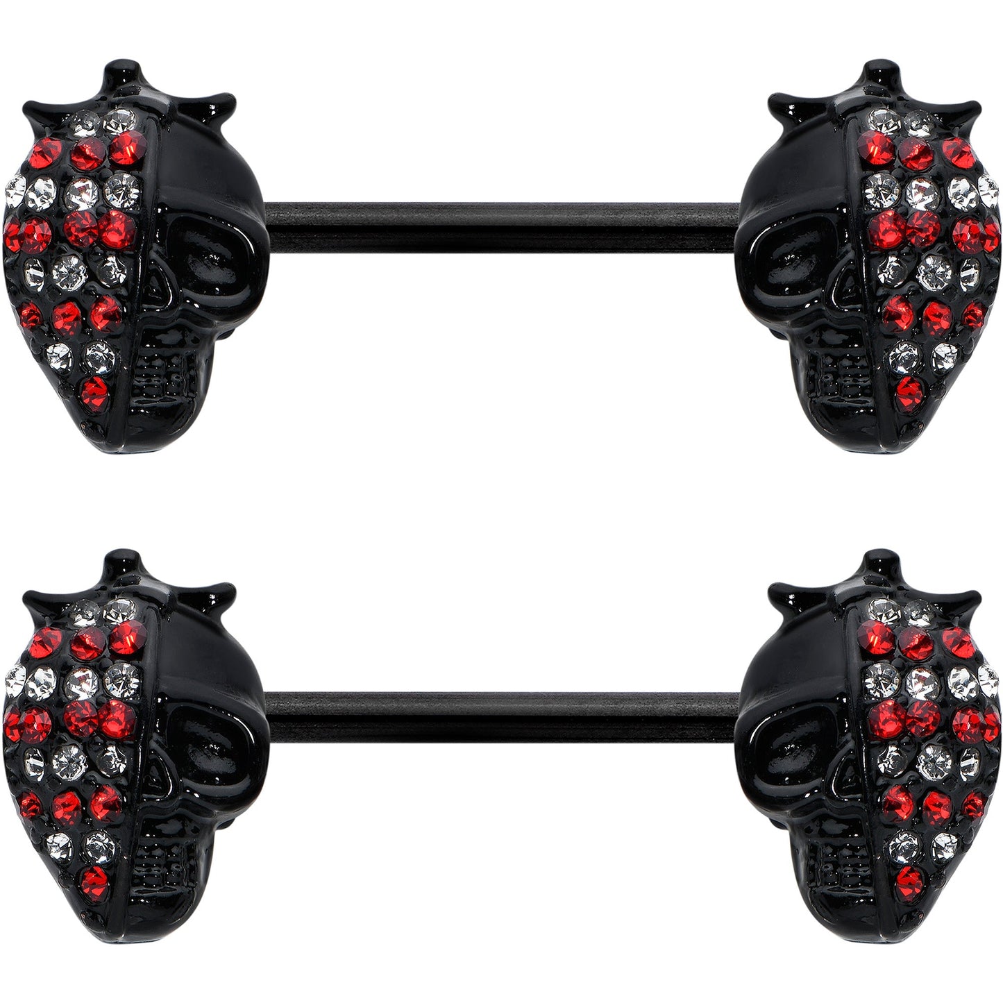 14G 9/16 Red Gem Black Skull Halloween Barbell Nipple Ring Set