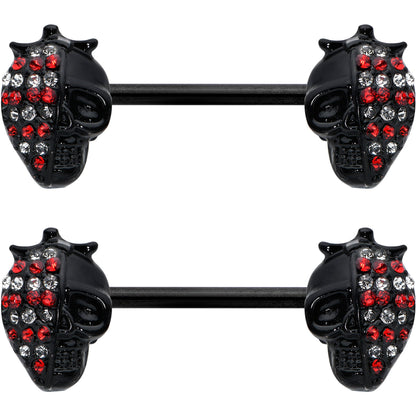14G 9/16 Red Gem Black Skull Halloween Barbell Nipple Ring Set