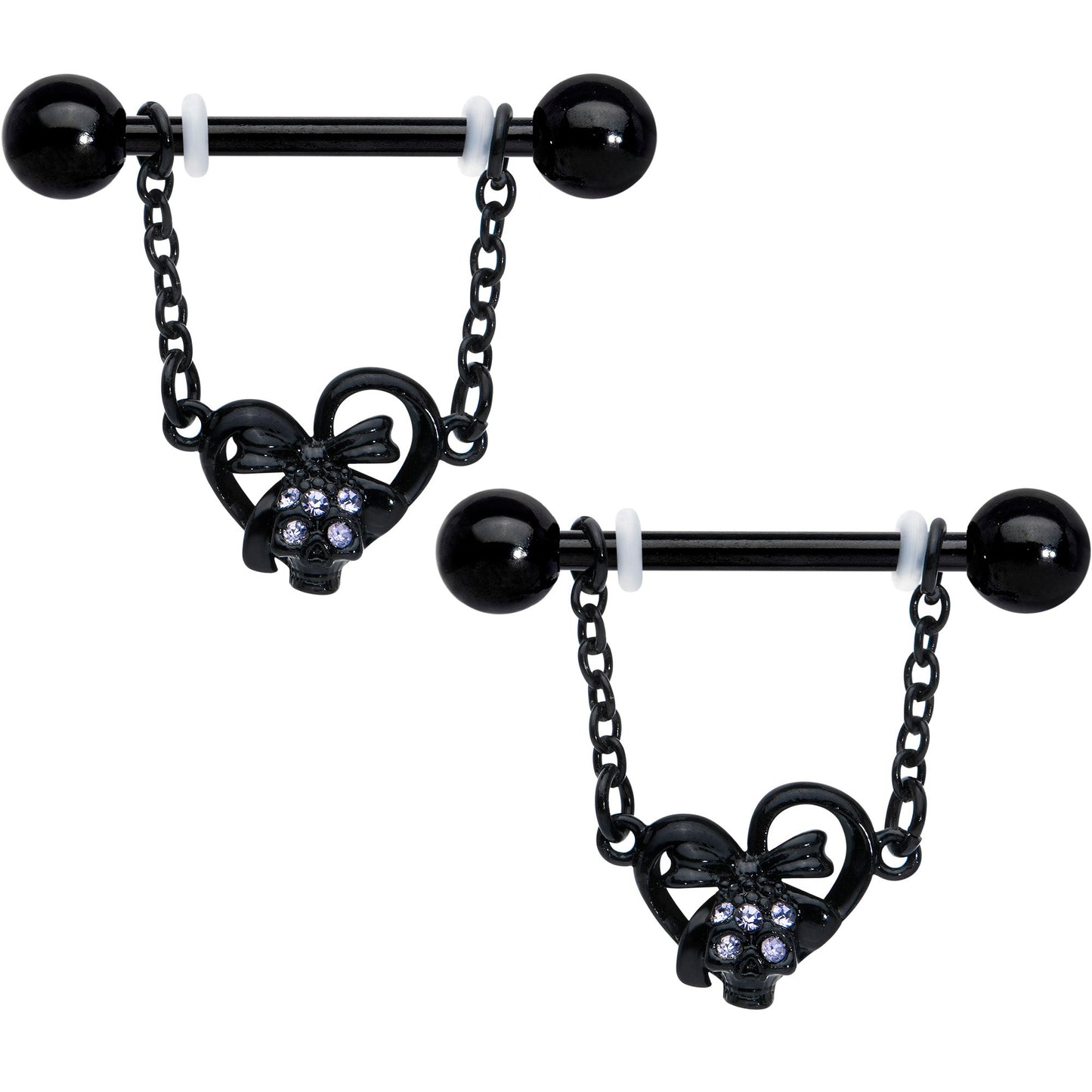 14G 9/16 Clear Gem Black Skull Bow Heart Dangle Nipple Ring Set