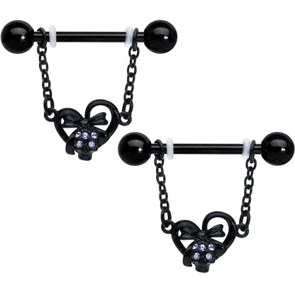 14G 9/16 Clear Gem Black Skull Bow Heart Dangle Nipple Ring Set