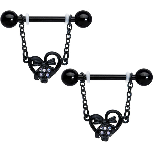 14G 9/16 Clear Gem Black Skull Bow Heart Dangle Nipple Ring Set
