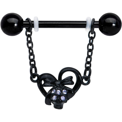 14G 9/16 Clear Gem Black Skull Bow Heart Dangle Nipple Ring Set