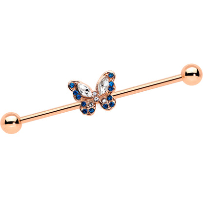 14G Blue Gem Rosy Tone Butterfly Wings Industrial Barbell 38mm