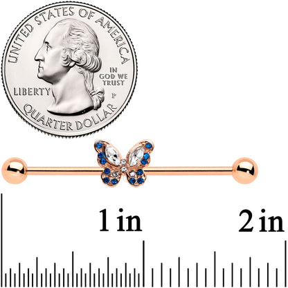 14G Blue Gem Rosy Tone Butterfly Wings Industrial Barbell 38mm