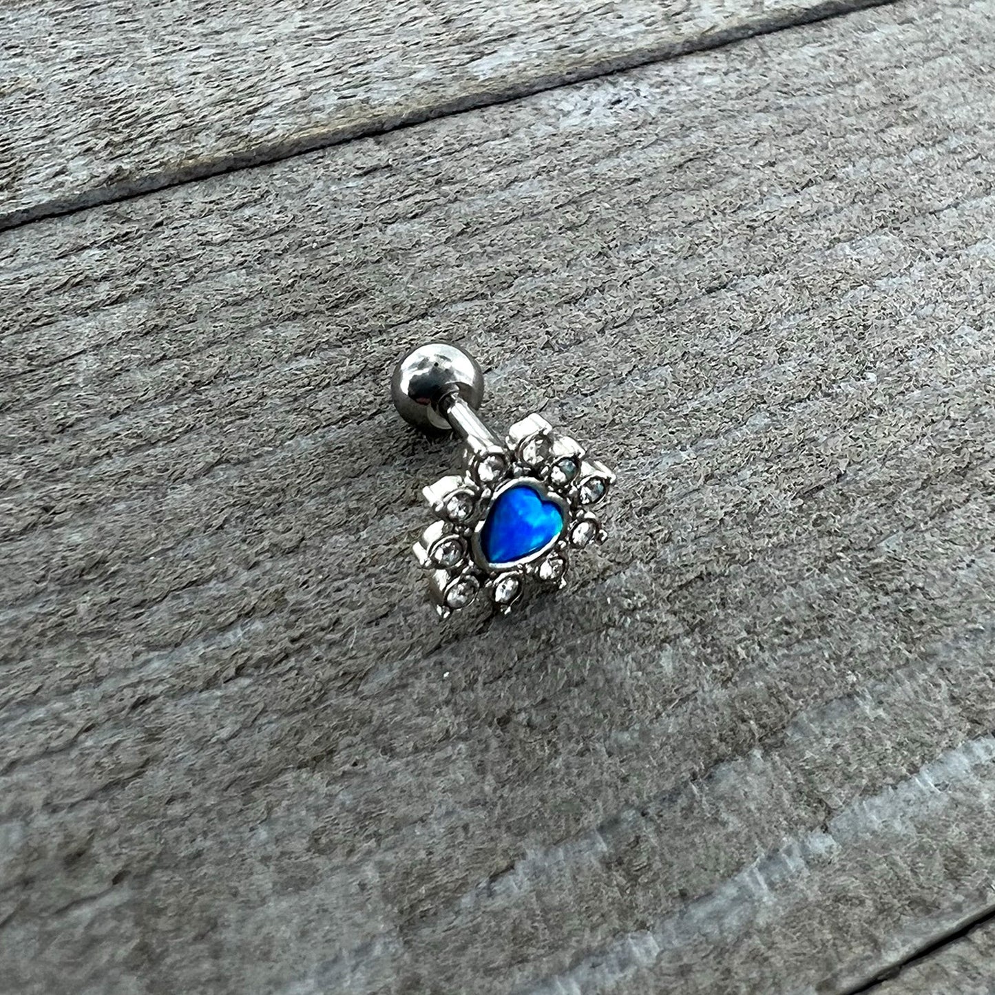 16G 1/4 Blue Faux Opal Sun Heart Cartilage Tragus Earring