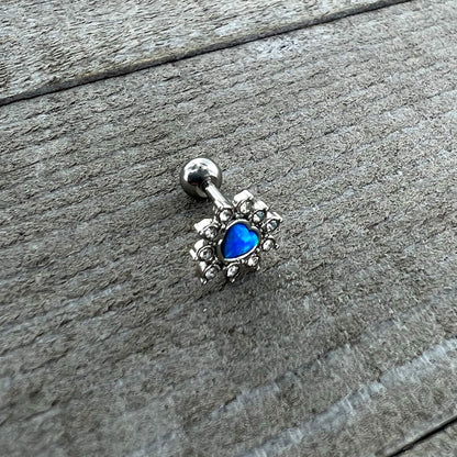 16G 1/4 Blue Faux Opal Sun Heart Cartilage Tragus Earring