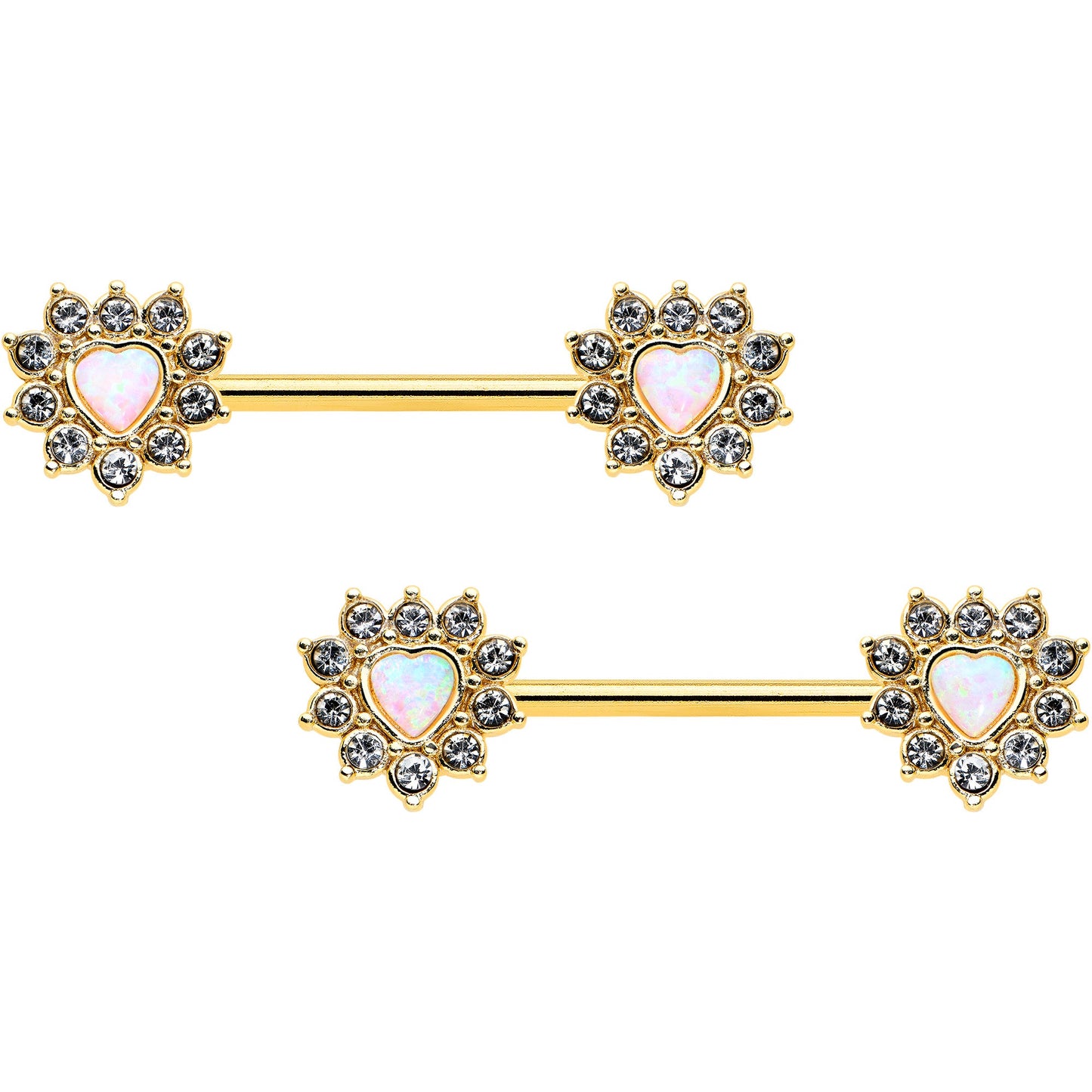 14G 9/16 White Synthetic Opal Gold Tone Sun Heart Nipple Ring Set