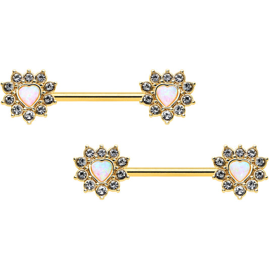 14G 9/16 White Synthetic Opal Gold Tone Sun Heart Nipple Ring Set