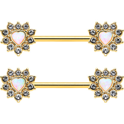 14G 9/16 White Synthetic Opal Gold Tone Sun Heart Nipple Ring Set