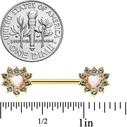 14G 9/16 White Synthetic Opal Gold Tone Sun Heart Nipple Ring Set