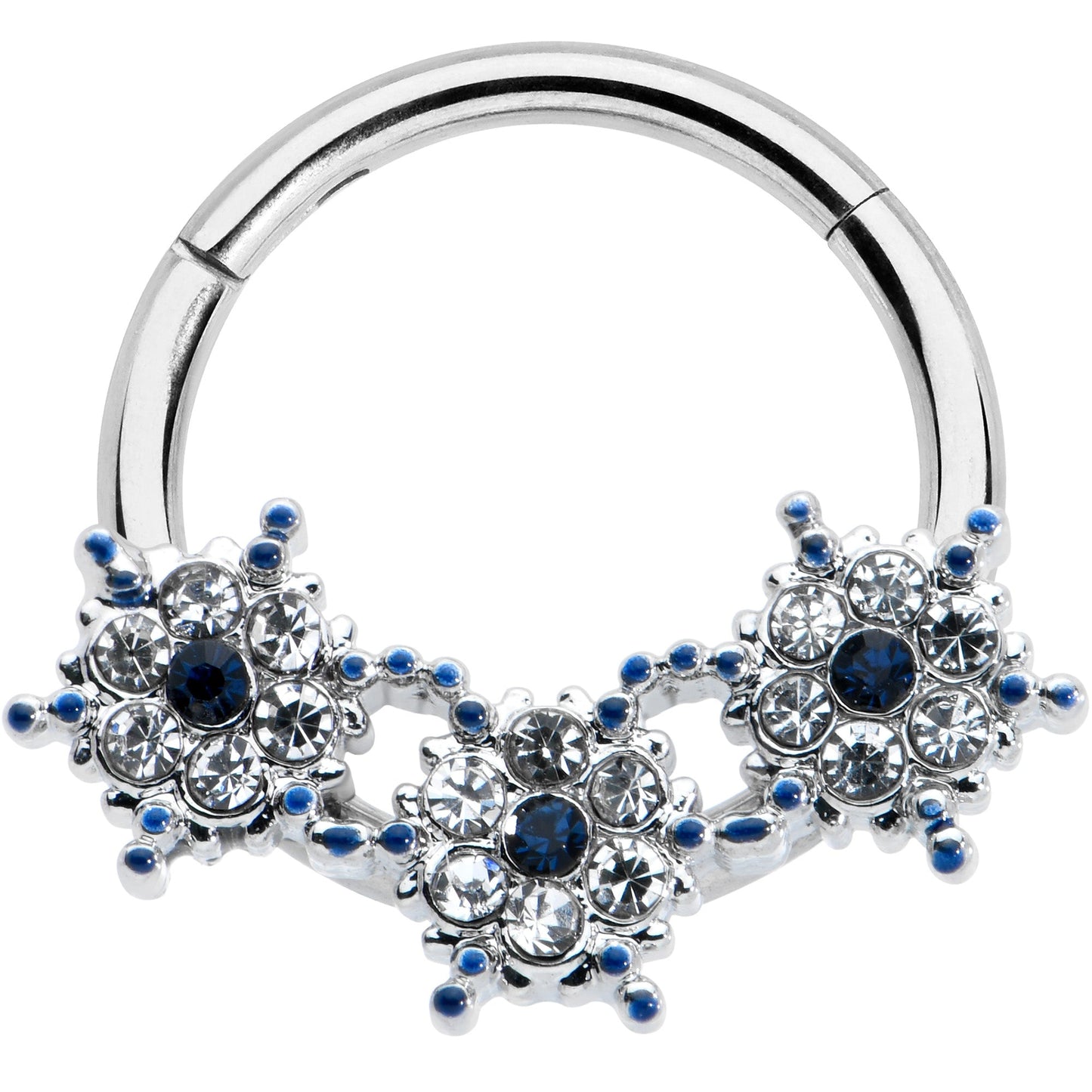 16G 3/8 Clear Blue Gem Festive Trio Snowflake Hinged Segment Ring