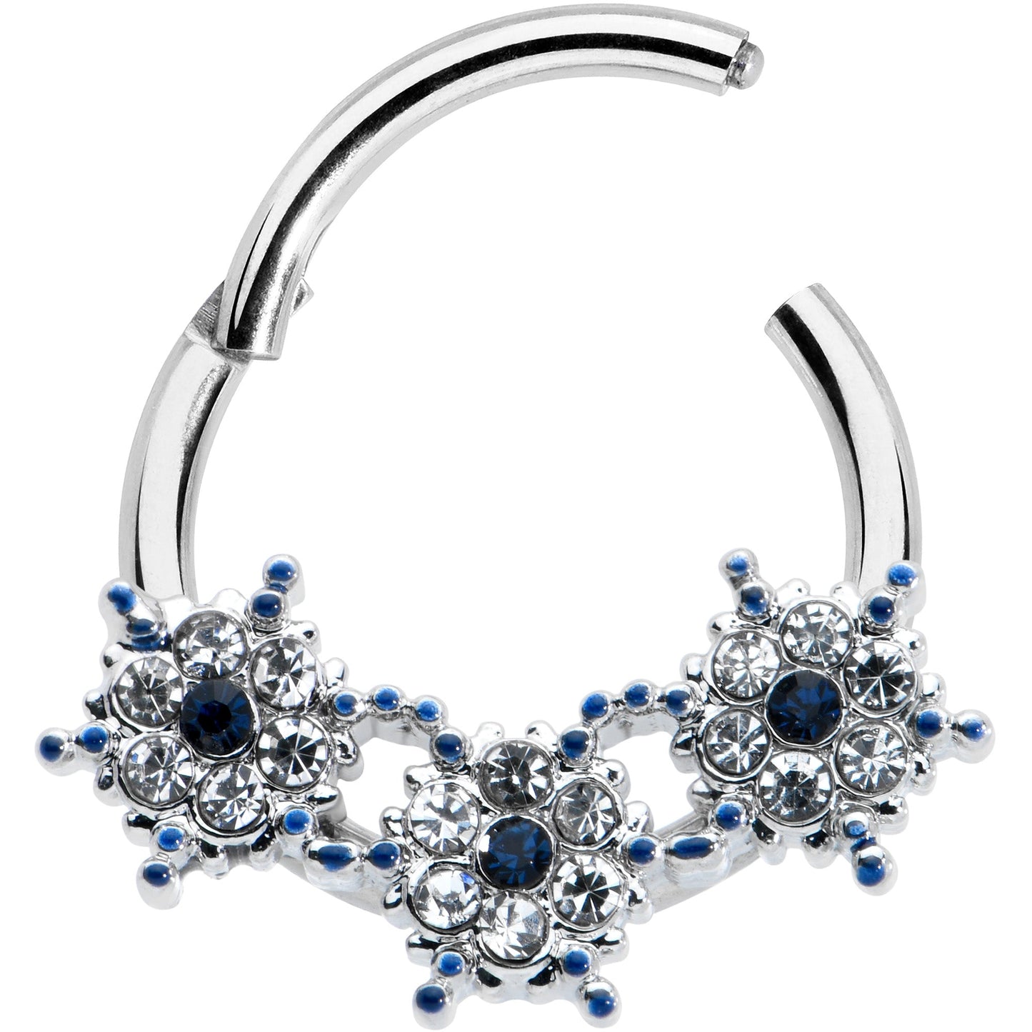 16G 3/8 Clear Blue Gem Festive Trio Snowflake Hinged Segment Ring