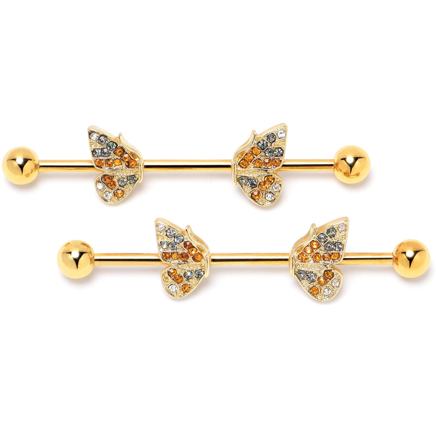 14G Orange Gem Gold Tone Butterfly Wings Industrial Barbell 38mm
