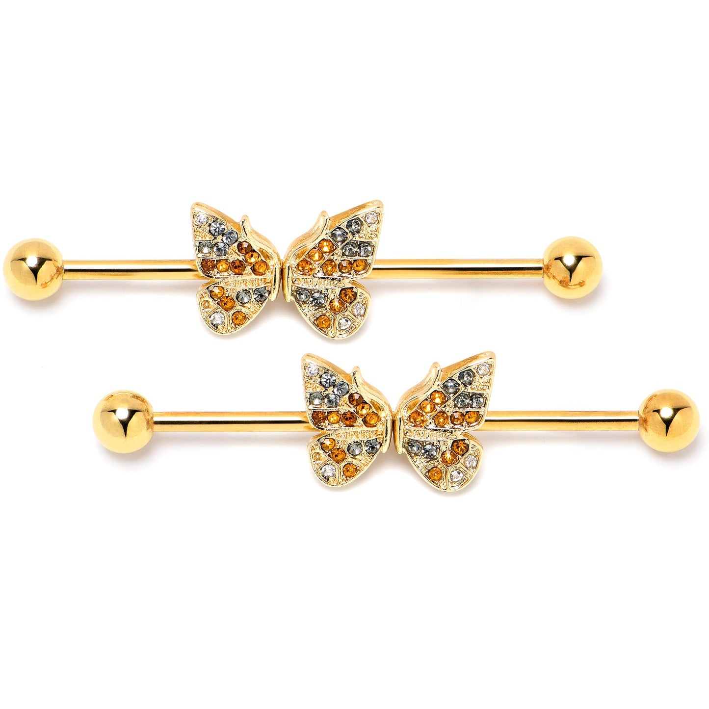 14G Orange Gem Gold Tone Butterfly Wings Industrial Barbell 38mm