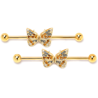 14G Orange Gem Gold Tone Butterfly Wings Industrial Barbell 38mm