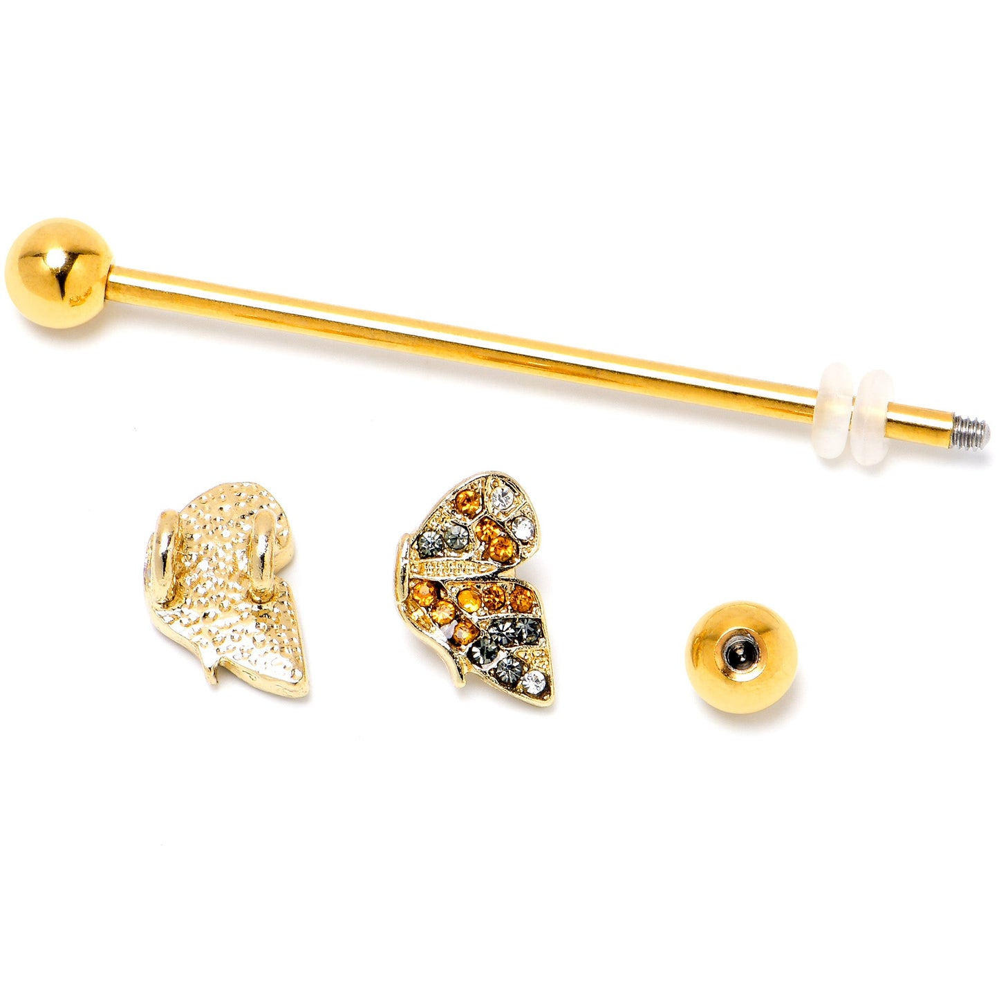 14G Orange Gem Gold Tone Butterfly Wings Industrial Barbell 38mm