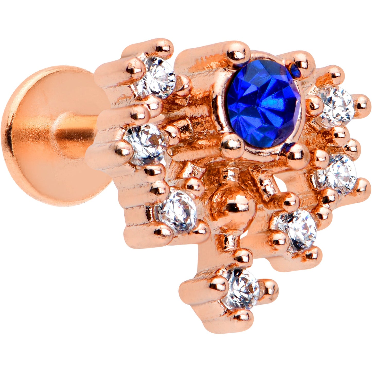 16G 1/4 Blue Clear Gem Rose Gold Tone Glamour Flare Labret