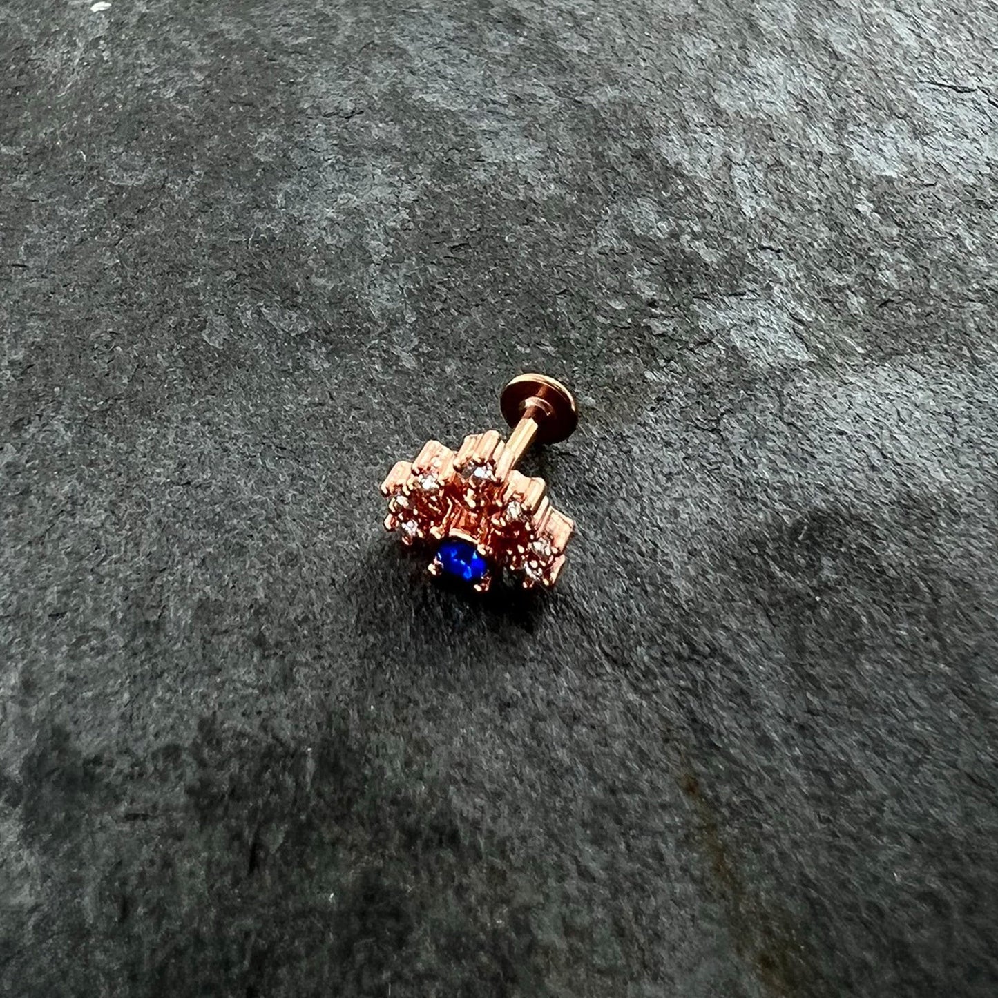 16G 1/4 Blue Clear Gem Rose Gold Tone Glamour Flare Labret