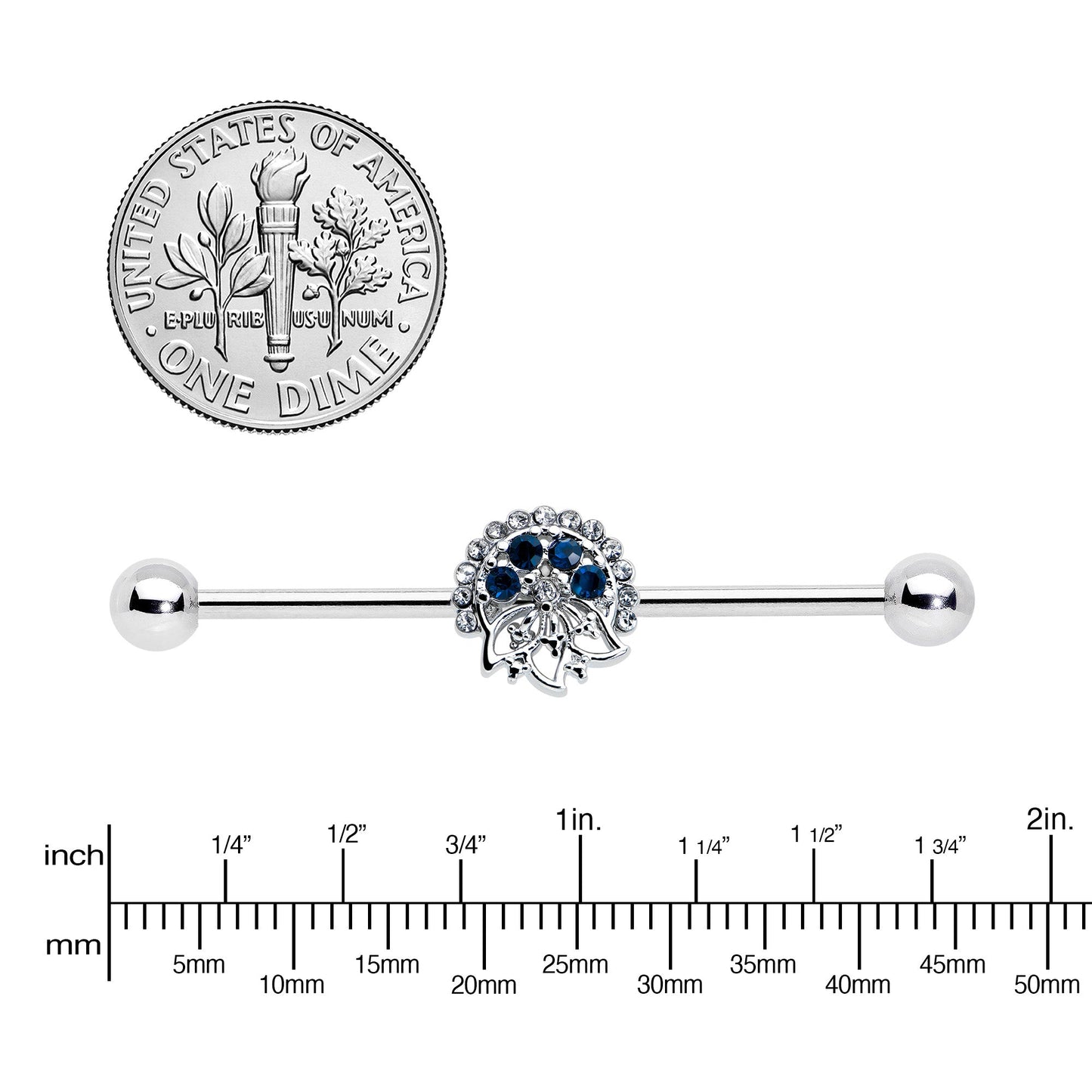 14G Blue Gem Abstract Arch Industrial Barbell 38mm