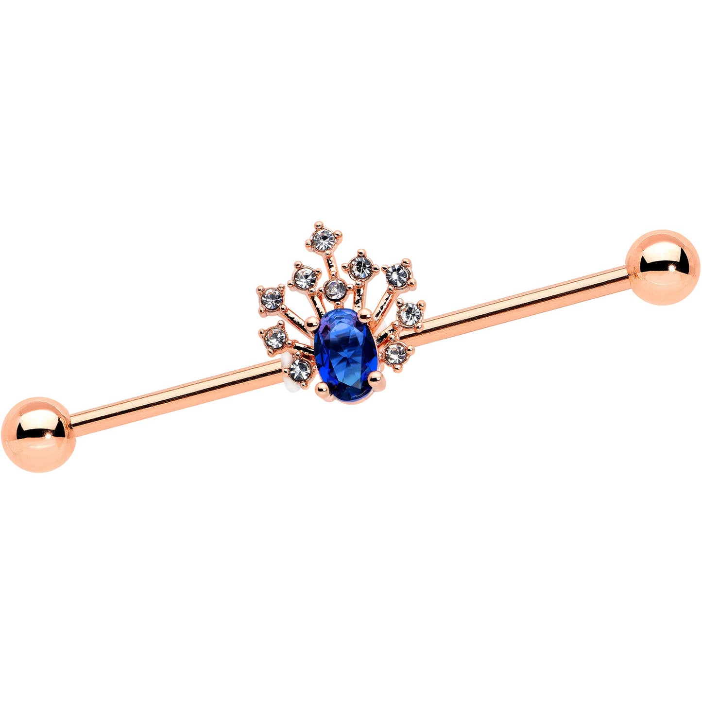 14G Blue Gem Rose Gold Tone Glamour Flare Industrial Barbell 38mm