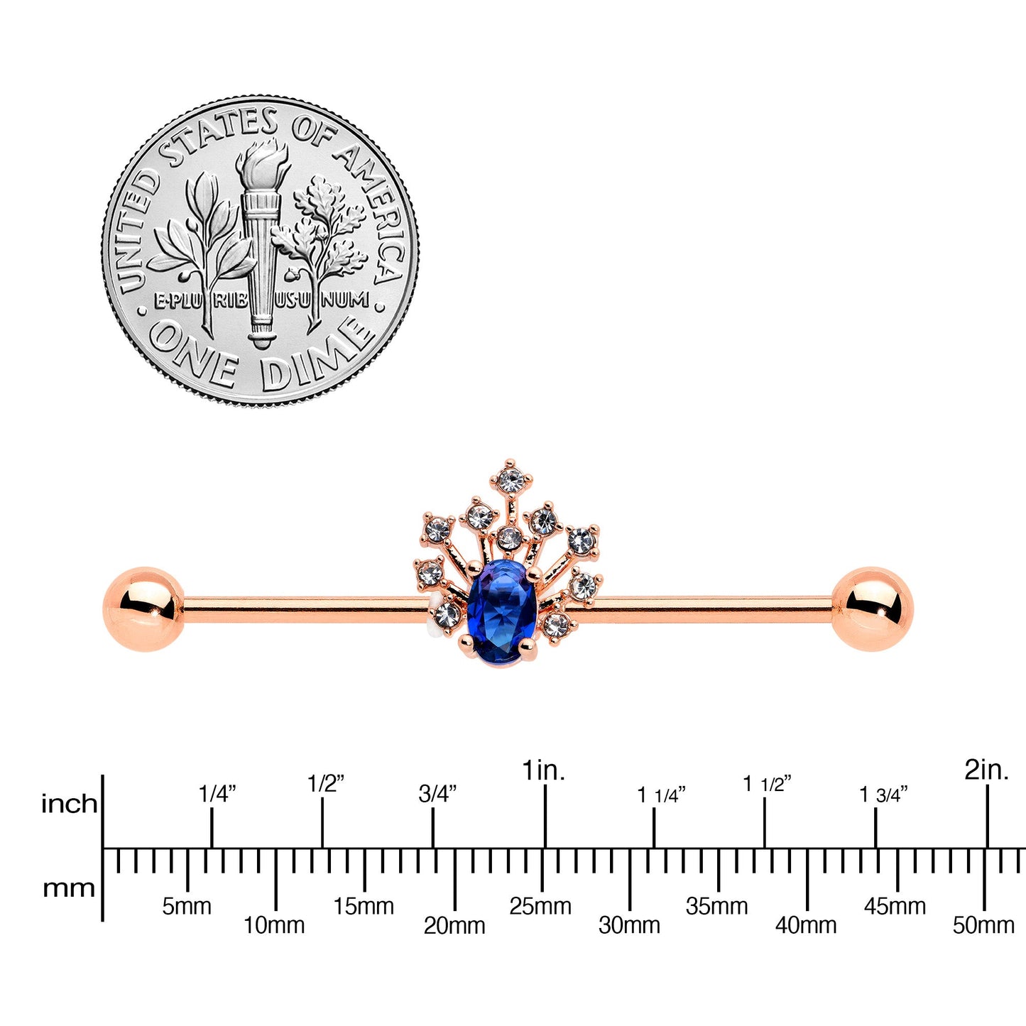 14G Blue Gem Rose Gold Tone Glamour Flare Industrial Barbell 38mm