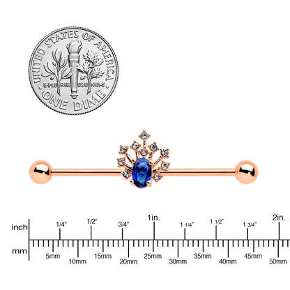 14G Blue Gem Rose Gold Tone Glamour Flare Industrial Barbell 38mm