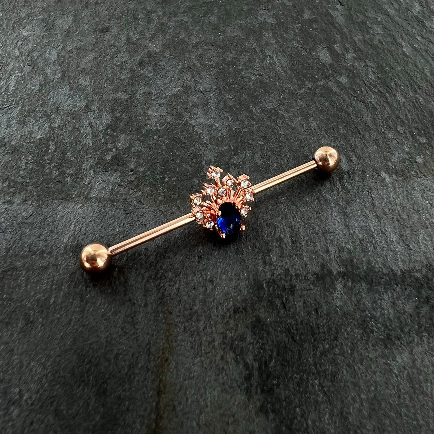 14G Blue Gem Rose Gold Tone Glamour Flare Industrial Barbell 38mm