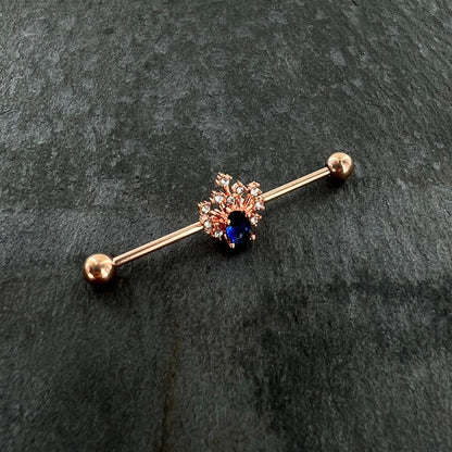 14G Blue Gem Rose Gold Tone Glamour Flare Industrial Barbell 38mm