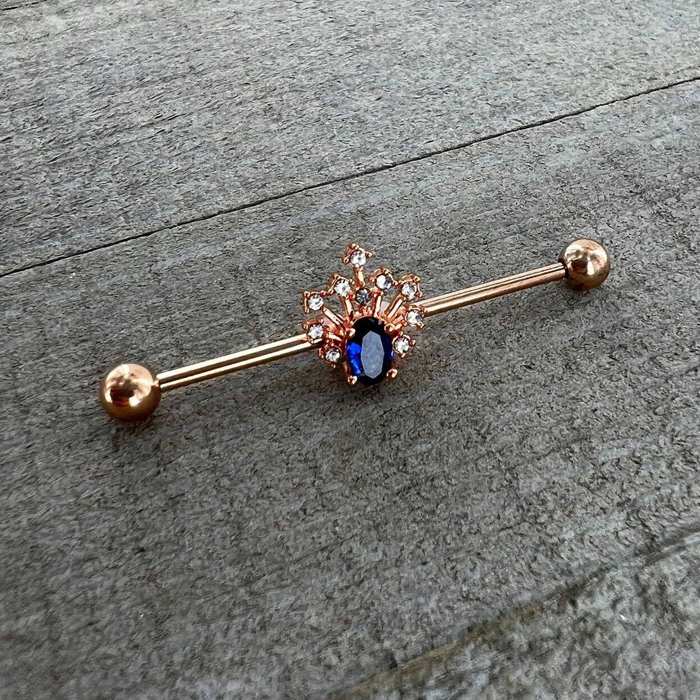 14G Blue Gem Rose Gold Tone Glamour Flare Industrial Barbell 38mm