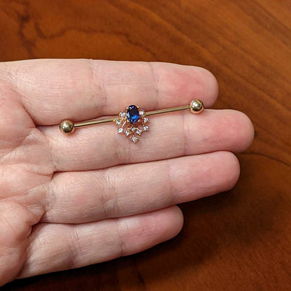 14G Blue Gem Rose Gold Tone Glamour Flare Industrial Barbell 38mm