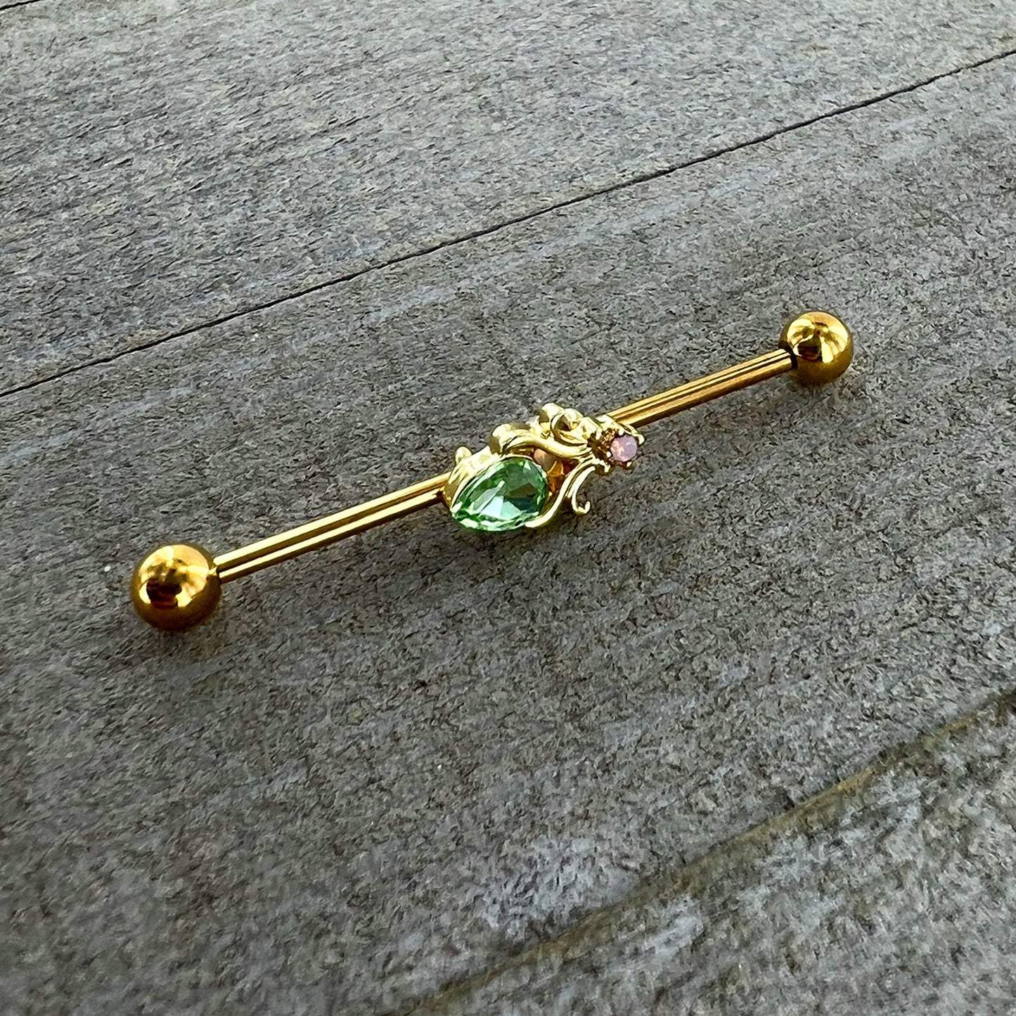 14G Green Gem Gold Tone Shades of Spring Industrial Barbell 38mm