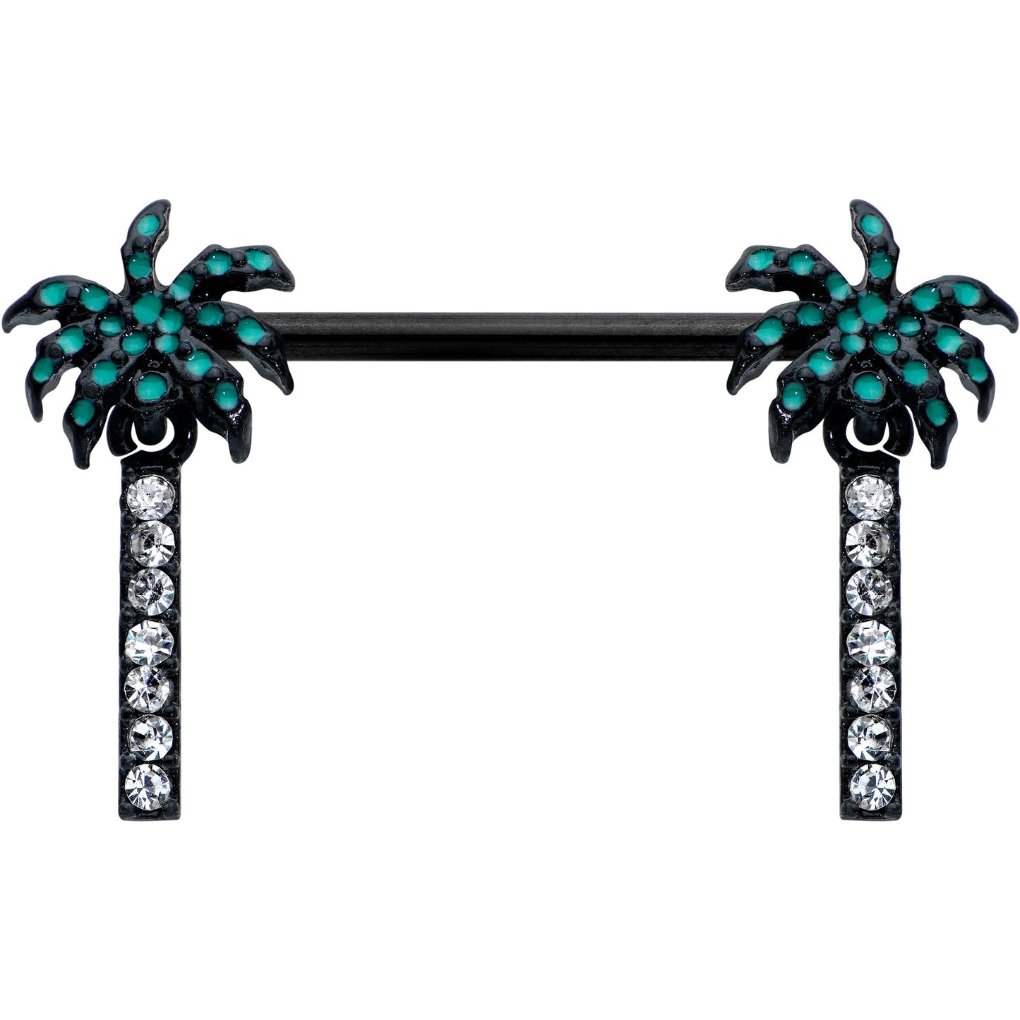 14G 9/16 Clear Gem Black Night Palm Tree Dangle Nipple Ring Set