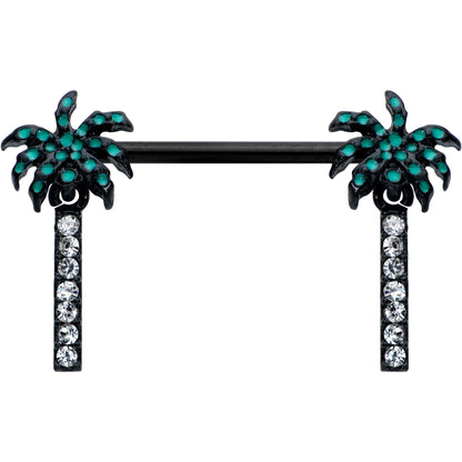 14G 9/16 Clear Gem Black Night Palm Tree Dangle Nipple Ring Set