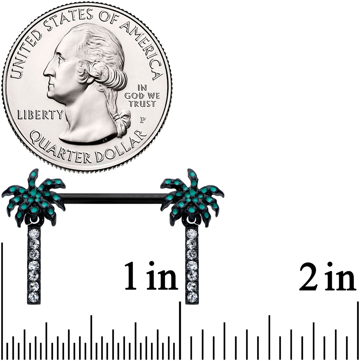 14G 9/16 Clear Gem Black Night Palm Tree Dangle Nipple Ring Set