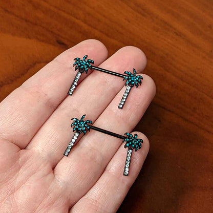 14G 9/16 Clear Gem Black Night Palm Tree Dangle Nipple Ring Set