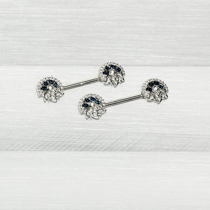 14G 1/2 Blue Clear Gem Abstract Arch Barbell Nipple Ring Set