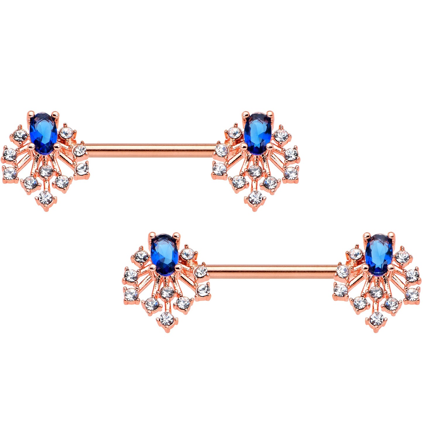 14G 9/16 Blue Gem Rosy Tone Glam Flare Barbell Nipple Ring Set