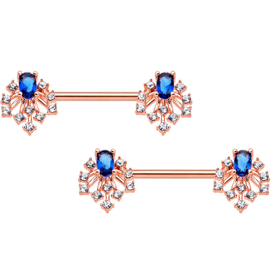 14G 9/16 Blue Gem Rosy Tone Glam Flare Barbell Nipple Ring Set