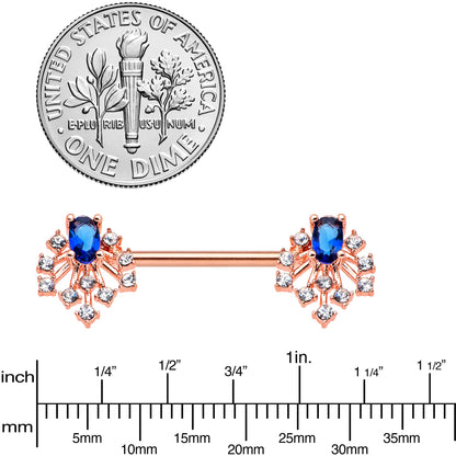 14G 9/16 Blue Gem Rosy Tone Glam Flare Barbell Nipple Ring Set