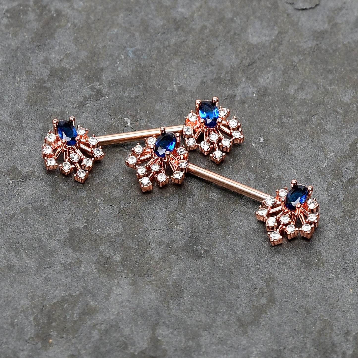 14G 9/16 Blue Gem Rosy Tone Glam Flare Barbell Nipple Ring Set