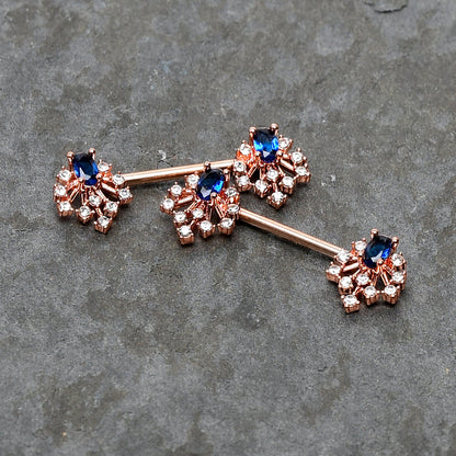 14G 9/16 Blue Gem Rosy Tone Glam Flare Barbell Nipple Ring Set