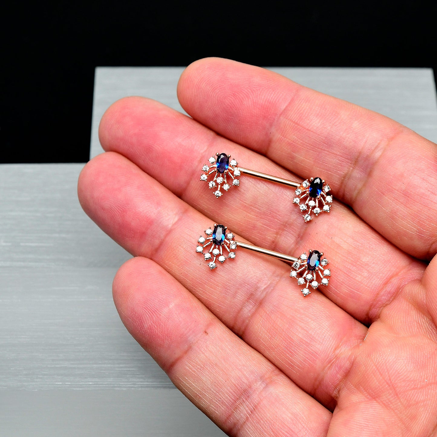 14G 9/16 Blue Gem Rosy Tone Glam Flare Barbell Nipple Ring Set