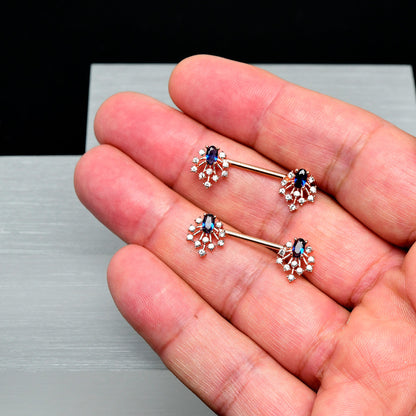 14G 9/16 Blue Gem Rosy Tone Glam Flare Barbell Nipple Ring Set