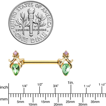 14G 9/16 Green Gem Gold Hue Spring Shades Barbell Nipple Ring Set